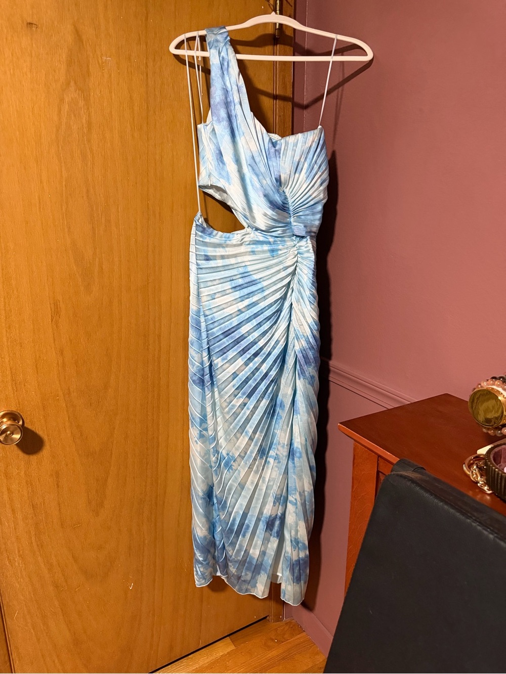 Abercrombie and Fitch Blue Tie-Dye One-Shoulder Pleated Dress